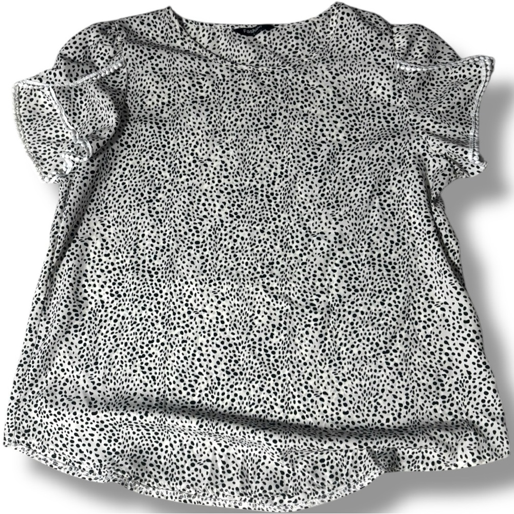 Fashion Women Large Black & White Speckle Print Short Sleeve White Trim Blouse - Picture 7 of 16